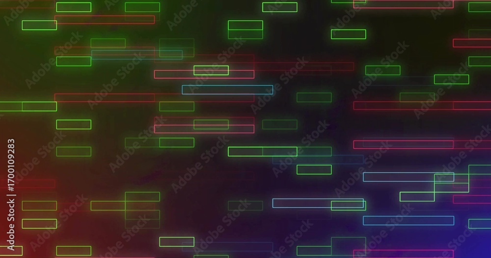 Aufkleber displaying abstract digital composition with floating neon rectangular bars on dark gradient field