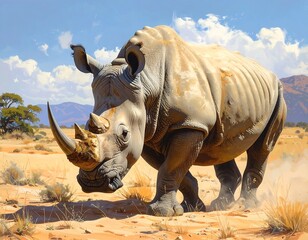 Fototapeta premium Rhino Majesty: A Wildlife Portrait in the African Savannah Landscape
