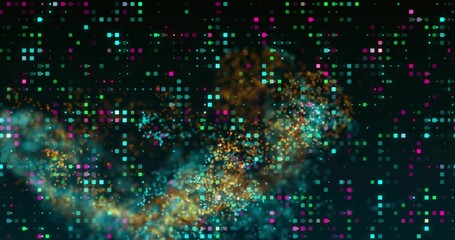Multicolored square pixels and glowing particles swirling in abstract data stream, forming trail