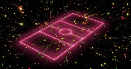 Floating neon-outlined soccer pitch rotating in dark void, with multicolored light particle trails