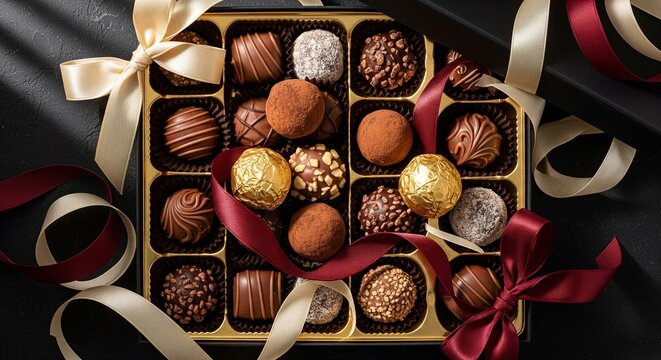 Assortment of gourmet chocolates in a gift box with ribbons, a luxurious treat for special occasions like valentines day or holidays