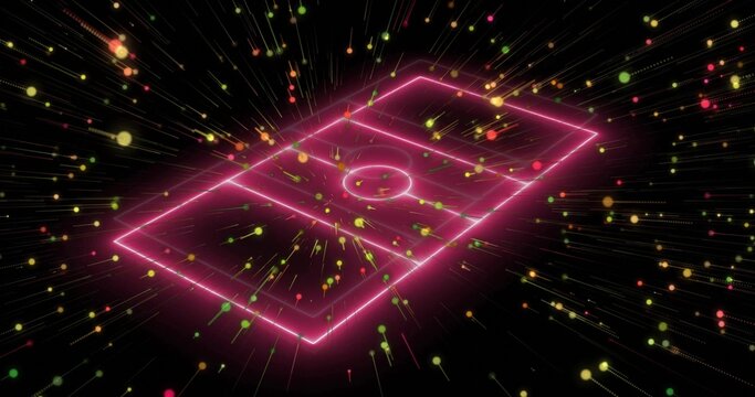 Floating neon-outlined soccer pitch rotating in dark void, with multicolored light particle trails - Powered by Adobe