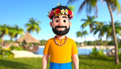 Cartoon man in lei smiles at tropical beach