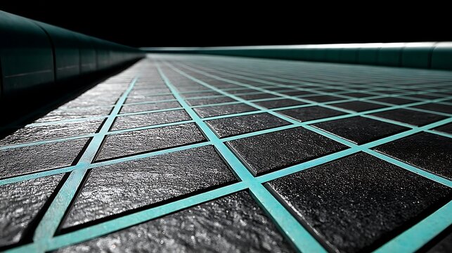the image shows a tiled surface receding into the distance. the dark tiles are square and uniformly spaced, separated by a lighter colored grout
