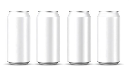 Four blank, white aluminum beverage cans stand out against a plain white background.