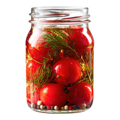 Glass jar filled with pickled cherry tomatoes, dill, and spices on transparent background, perfect for packaging design, food mockups, restaurant menus, and grocery ads. Generative AI.