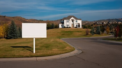 Obraz premium Modern House on Hill with Blank Sign and Scenic Landscape View