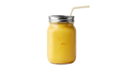Refreshing yellow smoothie in a mason jar with a straw, perfect for a healthy drink.