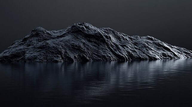 Dark rocky land rising from dark water