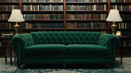A cozy green velvet sofa in a library setting, surrounded by tall shelves filled with books and illuminated by elegant lamps.