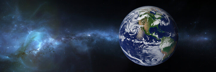 Vibrant earth planet rotates in deep space amidst blue light streaks and lens flares