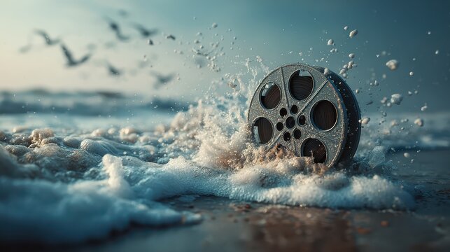 Film reel in ocean water with splashes, blurred birds in background. Ideal for cinematic themes, lost memories, or creative storytelling.
