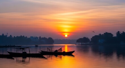 Golden Sunrise Over Serene River with Boats.
