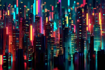 This digital cityscape features towering skyscrapers illuminated by vibrant neon lights. The streets are alive with color, creating a captivating atmosphere of energy and innovation at night