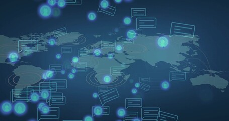 Displaying world map in interface with glowing user icons and chat bubbles tracing curved paths