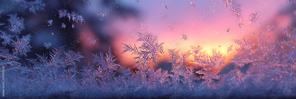 Poster a window covered in intricate frost patterns, with a blurred, warm sunset glow behind it, creating a