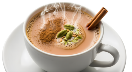Steaming cup of spiced chai tea with cinnamon and cardamom for a comforting warm beverage.