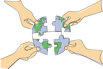 Continuous line draw illustration showing four human hands connecting puzzle pieces shaped like the Earth. Show unity, teamwork, sustainability, and environmental protection for World Environment Day