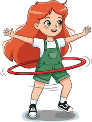 Cute cartoon girl playing with hula hoop, outdoor activity, active child character, fun exercise, happy kid enjoying movement