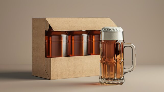 Three Beer Bottles in a Cardboard Box with a Glass Mug
