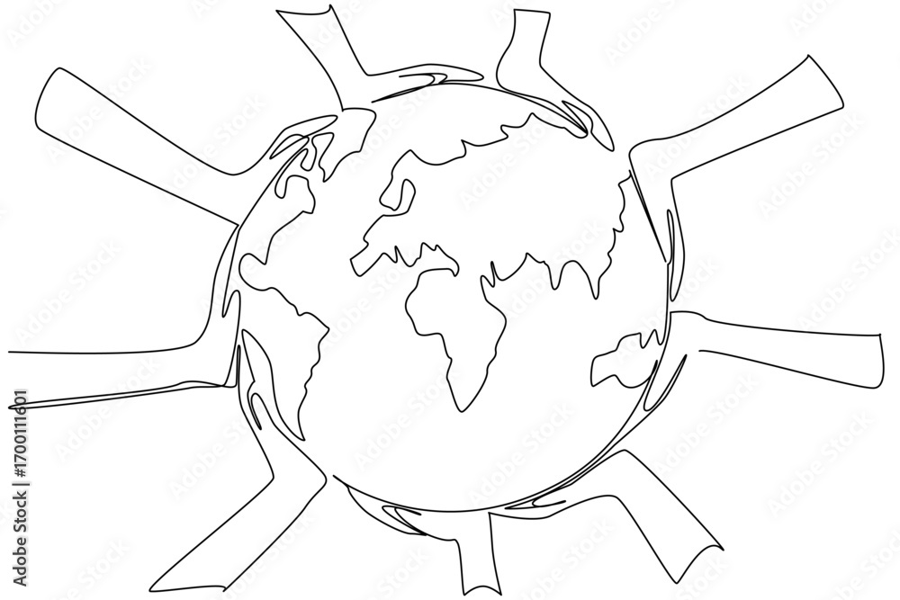Aufkleber continuous line draw of hands around earth represents unity in environment concept for world environ