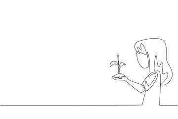 Single line draw of a girl holding a plant sprout illustrates nature concept under World Environment Day, emphasizing eco awareness, sustainability, and the role of future generations in conservation