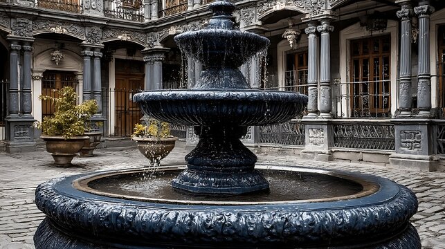 the image centers on an ornate, three tiered fountain with water cascading from each level into the basin below. the fountain is the primary point of interest, set in a courtyard