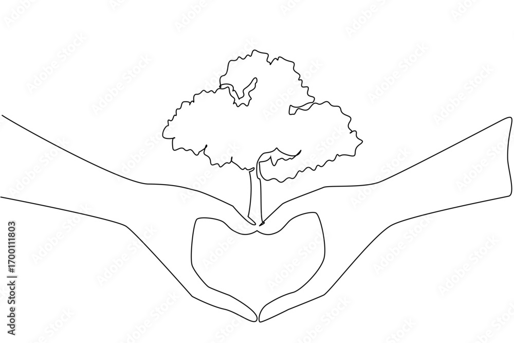 Poster continuous line drawing of hands forming a heart around a tree conveys conservation concept for worl