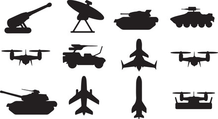 Military Might Silhouettes A Collection of Tanks, Drones, and Artillery on Transparent