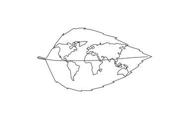 Single line drawing of a world map inside a leaf represents nature concept under World Environment Day, symbolizing harmony between Earth and environment through sustainability and conservation.