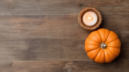 Minimal flat lay of a pumpkin and small lit candle on rustic wooden background with large left copy space, ideal for autumn ads, Thanksgiving promos, and seasonal web design. Generative AI.