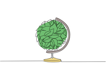 Obraz premium Continuous line draw of a globe made of green leaves represents environment concept under World Environment Day, symbolizing conservation, eco awareness, and global responsibility for sustainability