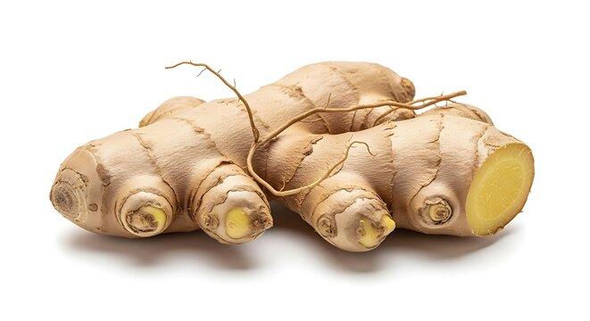 Fresh ginger root isolated on white background, close up view