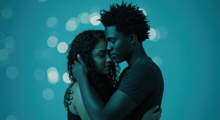 Black couple embracing each other with closed eyes in soft lighting