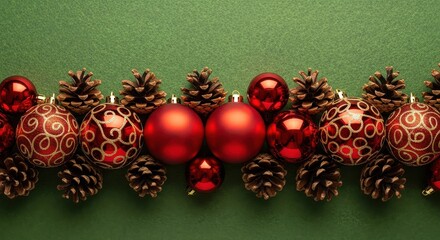 Festive Red Christmas Ornaments and Pine Cones Border Decoration