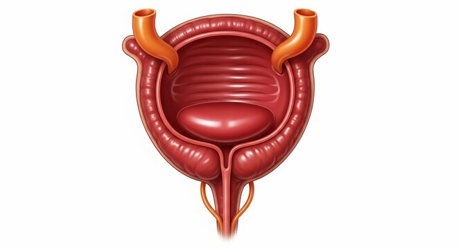 Illustration of a bladder with ureters and urethra on a white background in anatomical view