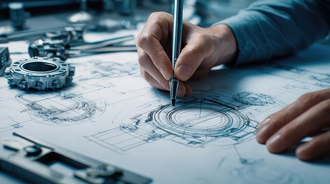 Engineer technician designing drawings mechanical parts engineering Engine.manufacturing factory Industry Industrial work project blueprints measuring bearings caliper tools