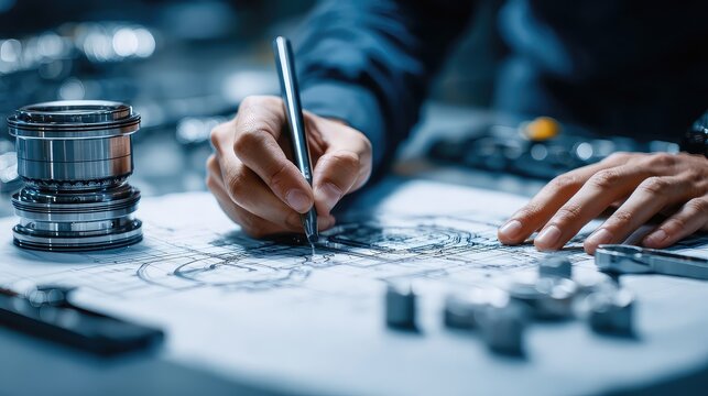 Engineer technician designing drawings mechanical parts engineering Engine.manufacturing factory Industry Industrial work project blueprints measuring bearings caliper tools