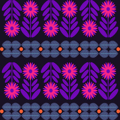 Seamless Folk Art Floral Pattern in Vibrant Purple and Pink Colors