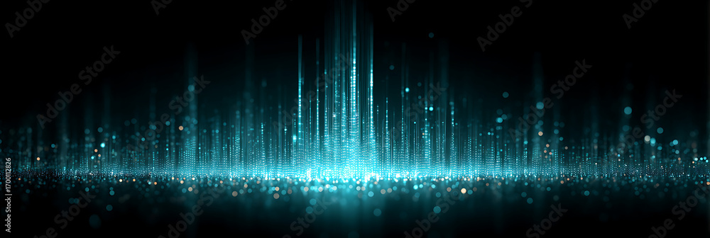 Poster a dynamic abstract background of glowing blue light lines and particles ascending from a vibrant bas