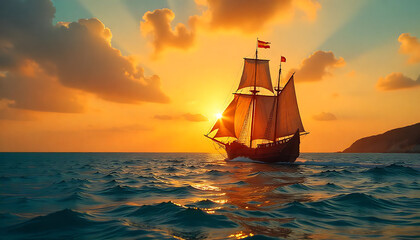 Fototapeta premium sailing ship in the sunset, HD and 4k image