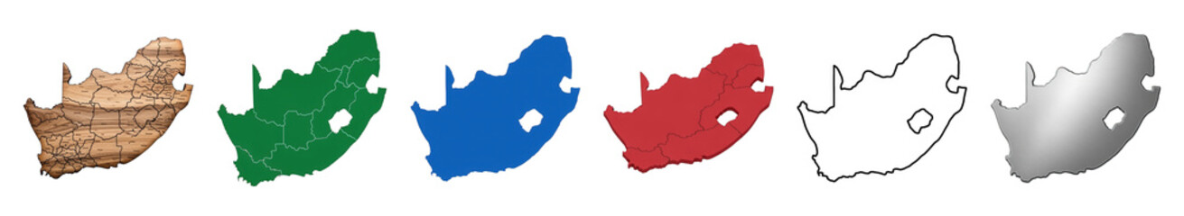 Obraz premium South Africa map set including wood texture, green, blue, red, metallic, and outline styles isolated. Geography and travel collection.