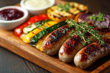 Grilled sausages with vegetables and sauces on a wooden board, studio shot. It is perfect for restaurant menus or recipe ideas.