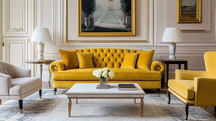 A stylish living room featuring a yellow tufted sofa, gray armchair, marble coffee table, and elegant decor in a classic setting.