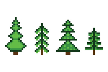 Set of Christmas trees in pixel art style. Isolated vector illustration on white background.