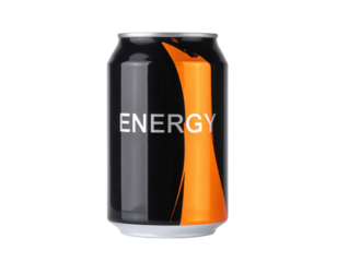 A sleek energy drink can featuring bold colors and the word "ENERGY" prominently displayed.