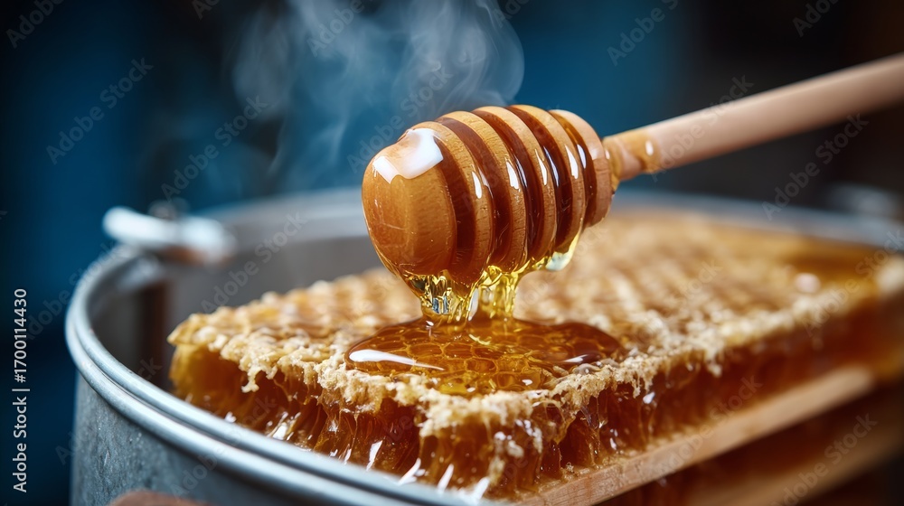 Poster fresh honeycomb being extracted and poured using a honey drizzler in a rustic daytime setting