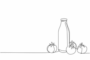 Continuous line drawing of tomatoes with a glass bottle of tomato juice, highlighting nutrition and wellness in food and health concept for World Tomato Day.