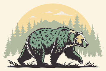 Stylized bear walking through a pine forest at sunset