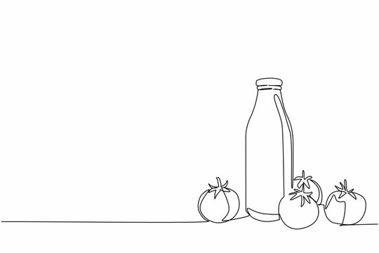Continuous line drawing of tomatoes with a glass bottle of tomato juice, highlighting nutrition and wellness in food and health concept for World Tomato Day.